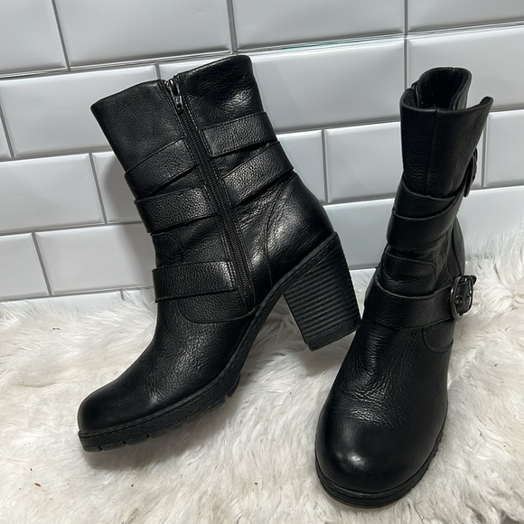Born Pebbled Leather Mid Calf Heeled Moto Riding Boots Black chunky heel size 10 - Picture 5 of 10
